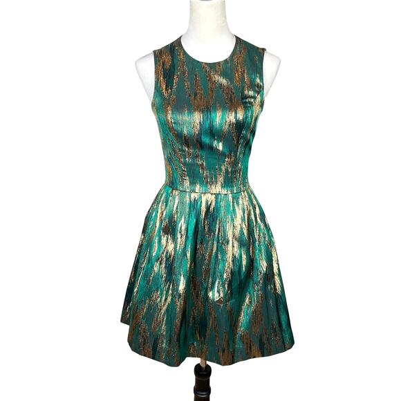 Michael Kors Emerald Green & Metallic Gold Sleeveless Fit & Flare Cocktail Dress - Picture 1 of 11